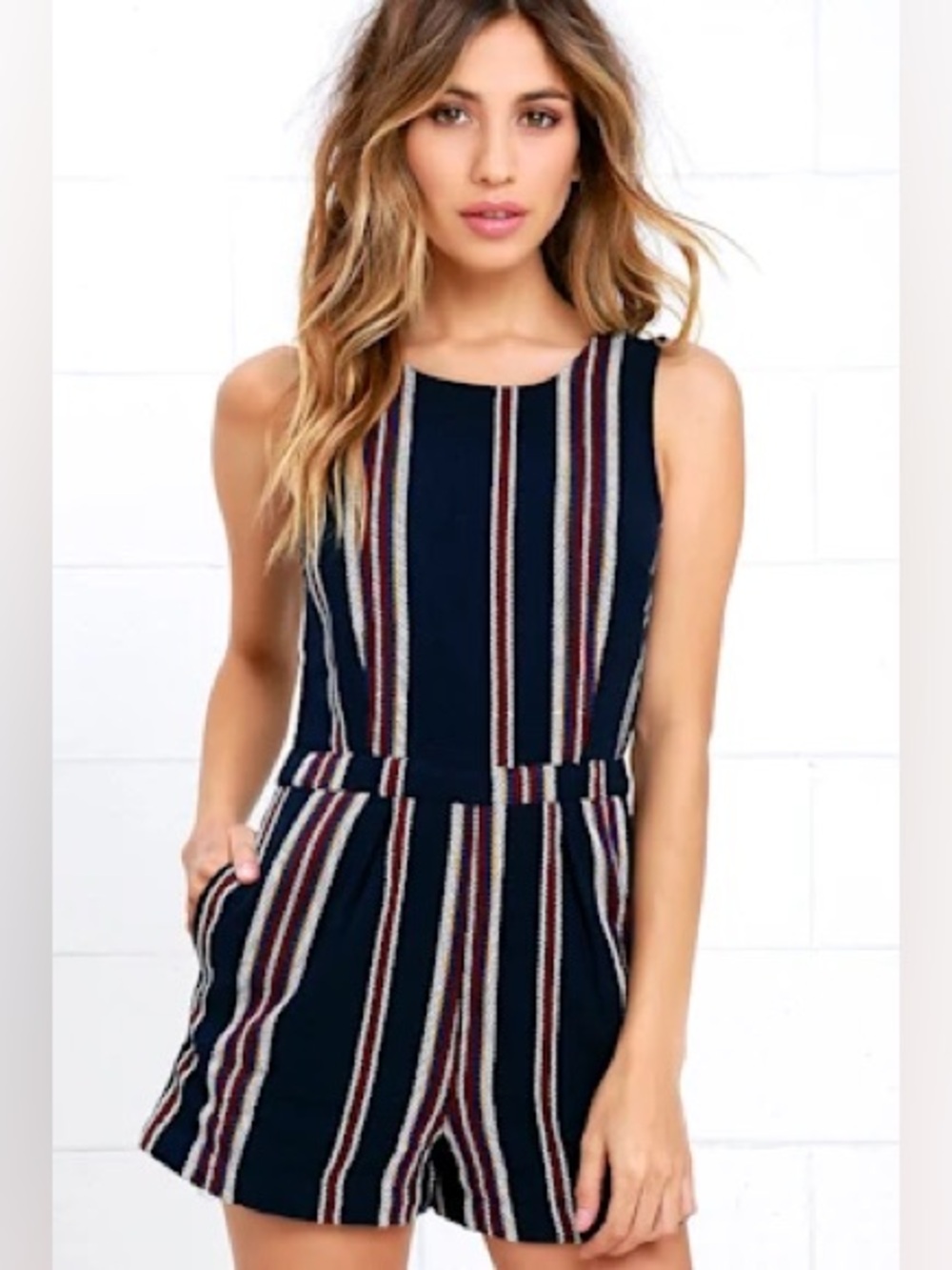 Olive & Oak Navy Romper with Red and Cream Stripes